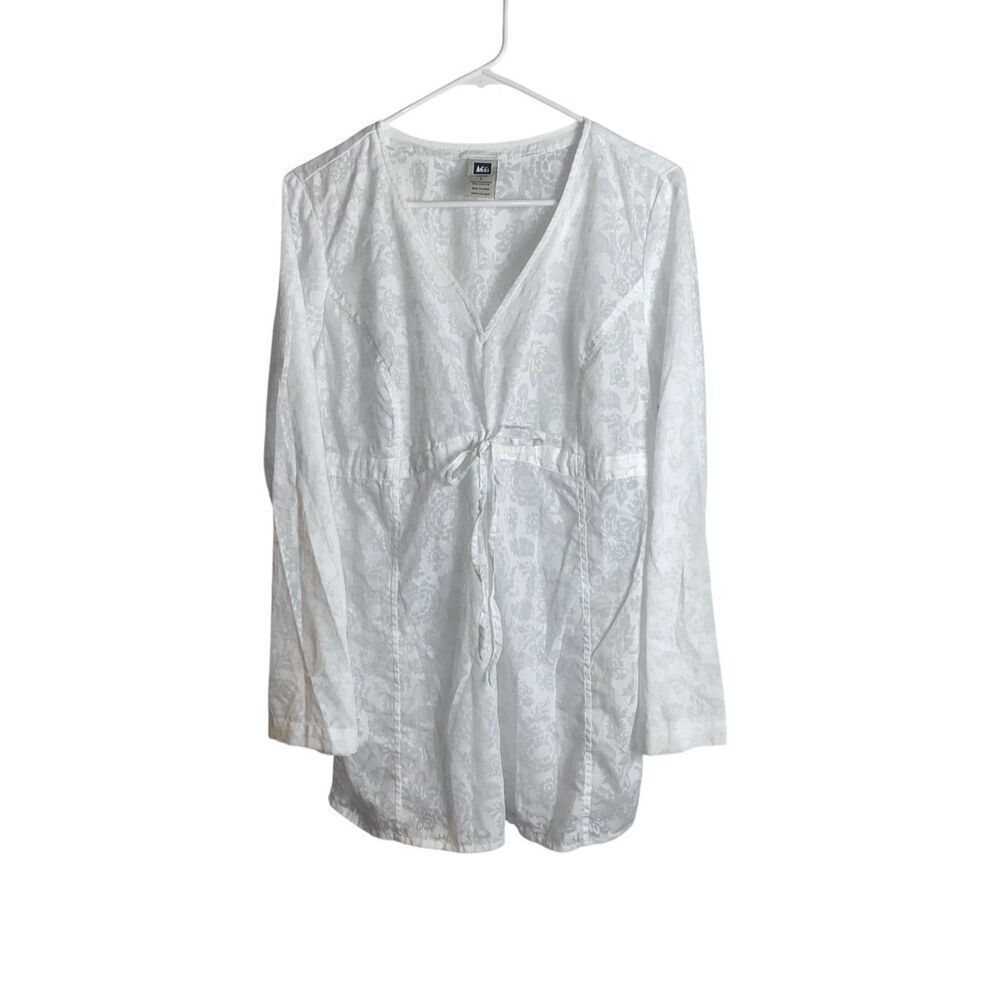 REI Womens White Damask Tunic Cover-Up Size Large Long Sleeve Sheer Boho Beach T